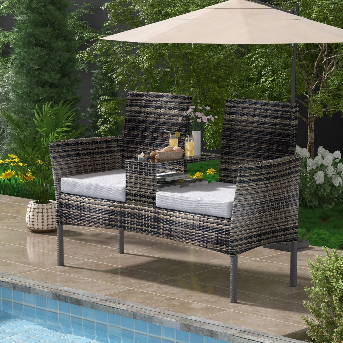 1 Piece Wicker Double Seat Patio Loveseat with Built-in Middle Tea Table, Cushioned Weatherproof Patio Furniture, Comfort Leisure Outdoor Furniture, Sturdy Outdoor Patio Furniture Set for Balcony Porch Garden