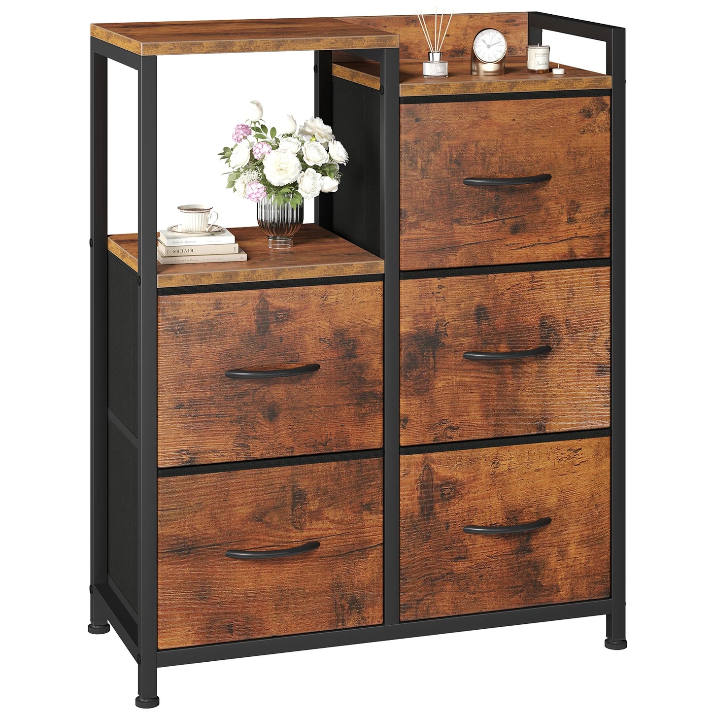 JHK  5 Fabric Drawer Chest with Raised Shelf Metal Frame TV Stands for Bedroom Storage Tower with Bins for Closet Organization Hallway Storage for Home