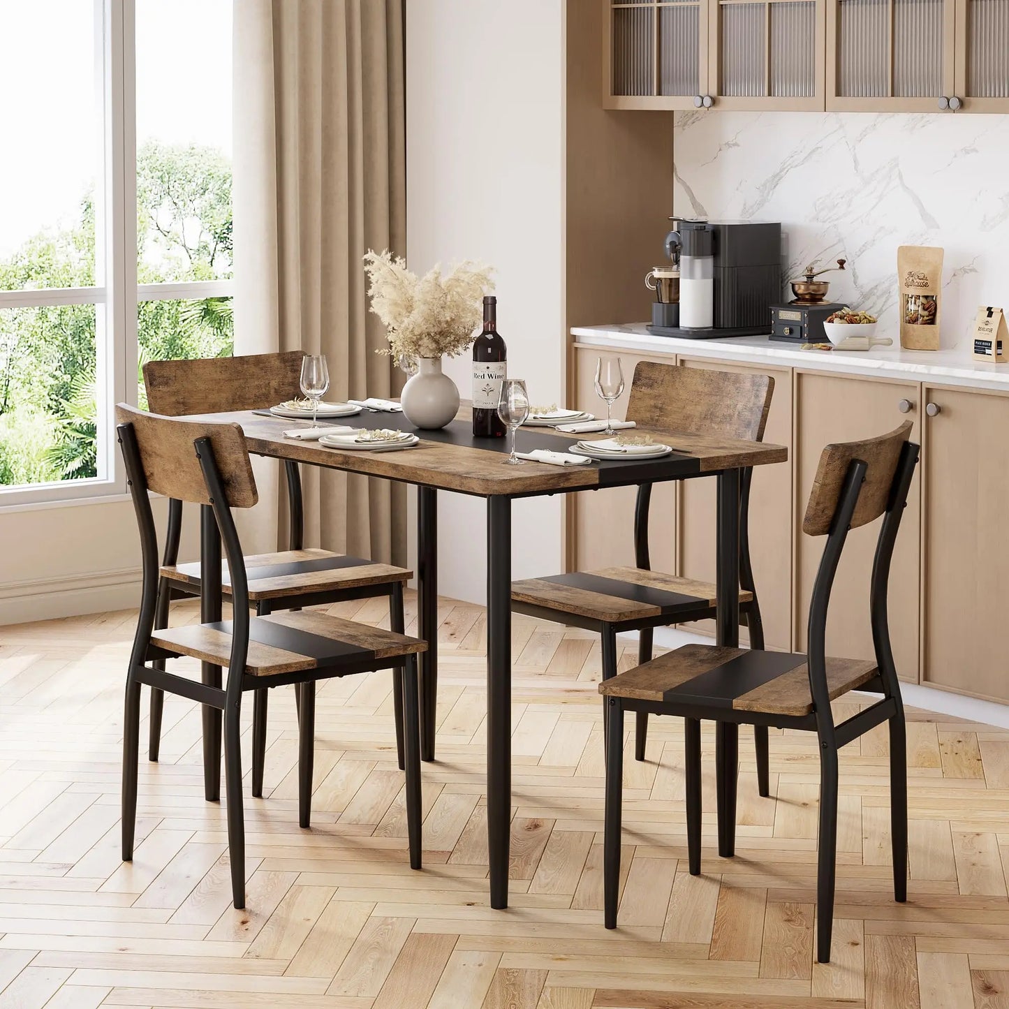 Dining Table Set For 4 With Chairs, Kitchen Table, 2 Tone MDF Top Metal Frame, Space Saving Set For Apartment Home