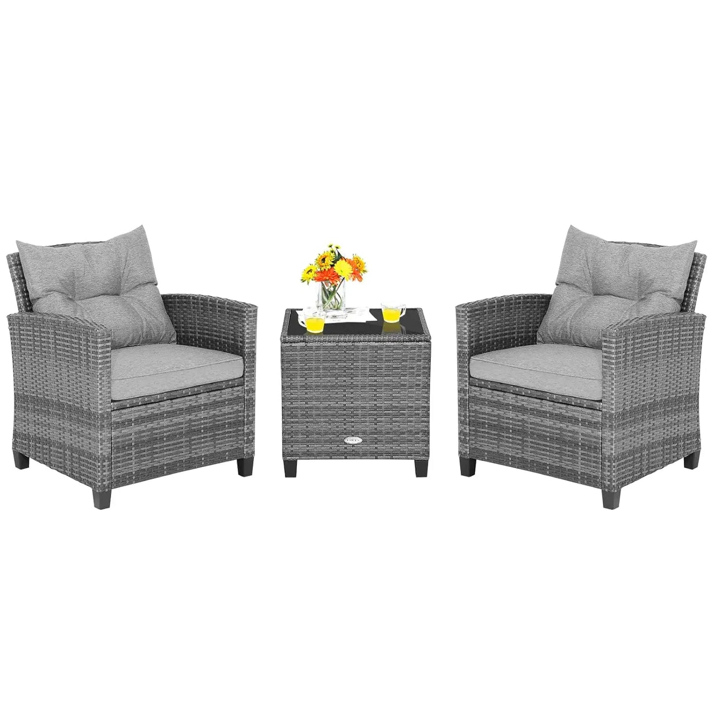 3 Pieces Patio Furniture Set, PE Rattan Wicker 3 Pcs Outdoor Sofa Set w/Washable Cushion and Tempered Glass, Customized