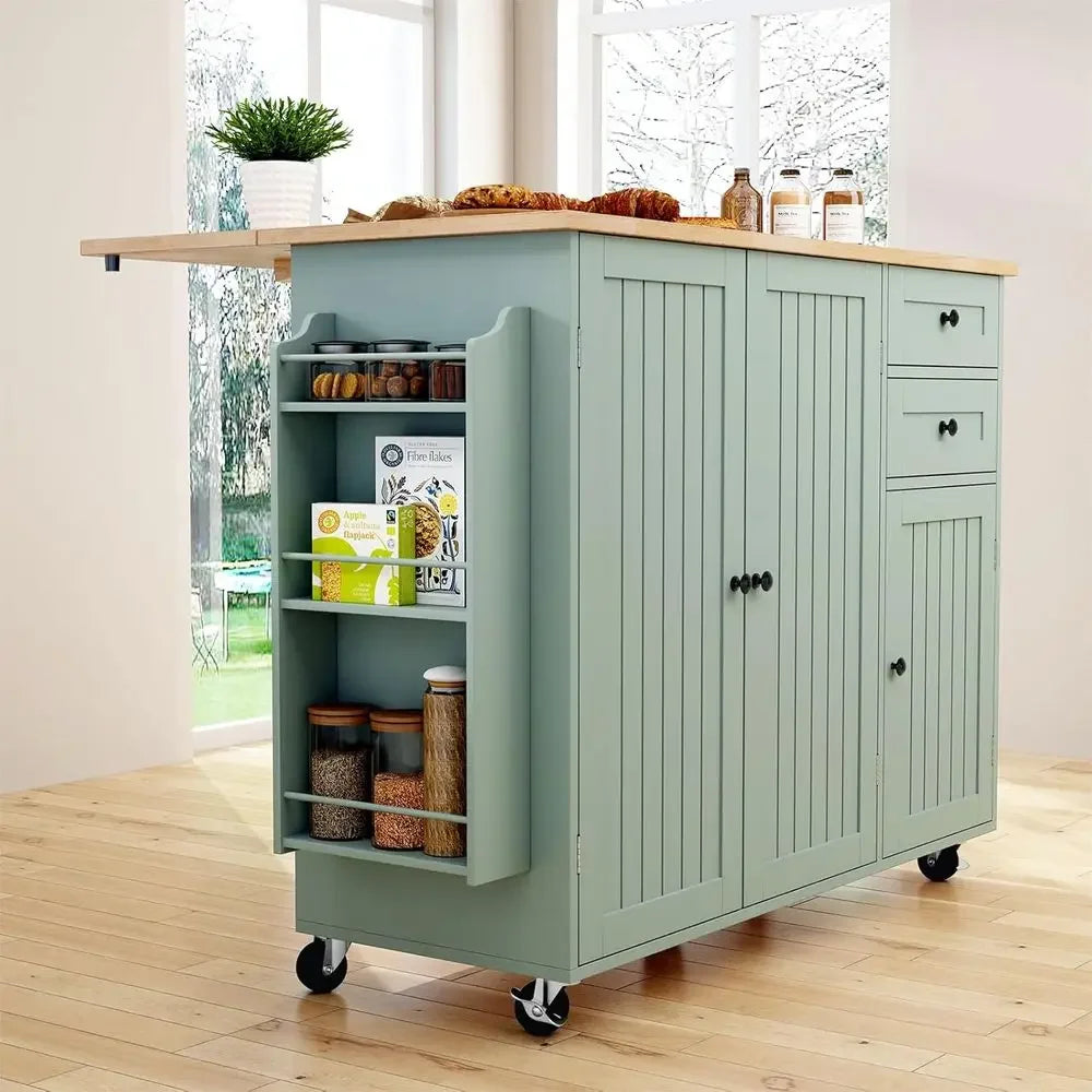 Kitchen Island with Storage, Sage Green Rolling Kitchen Cart on Wheels with Drop-Lea Bar Countertop, Islands Prep Table with Sid