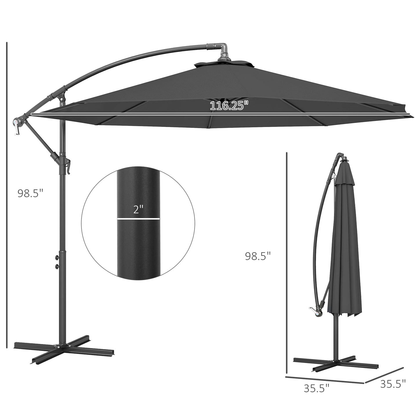 10' Cantilever Hanging Tilt Offset Patio Umbrella with Uv & Water Resistant Material and Cross Base (Weight Not Included), Gray