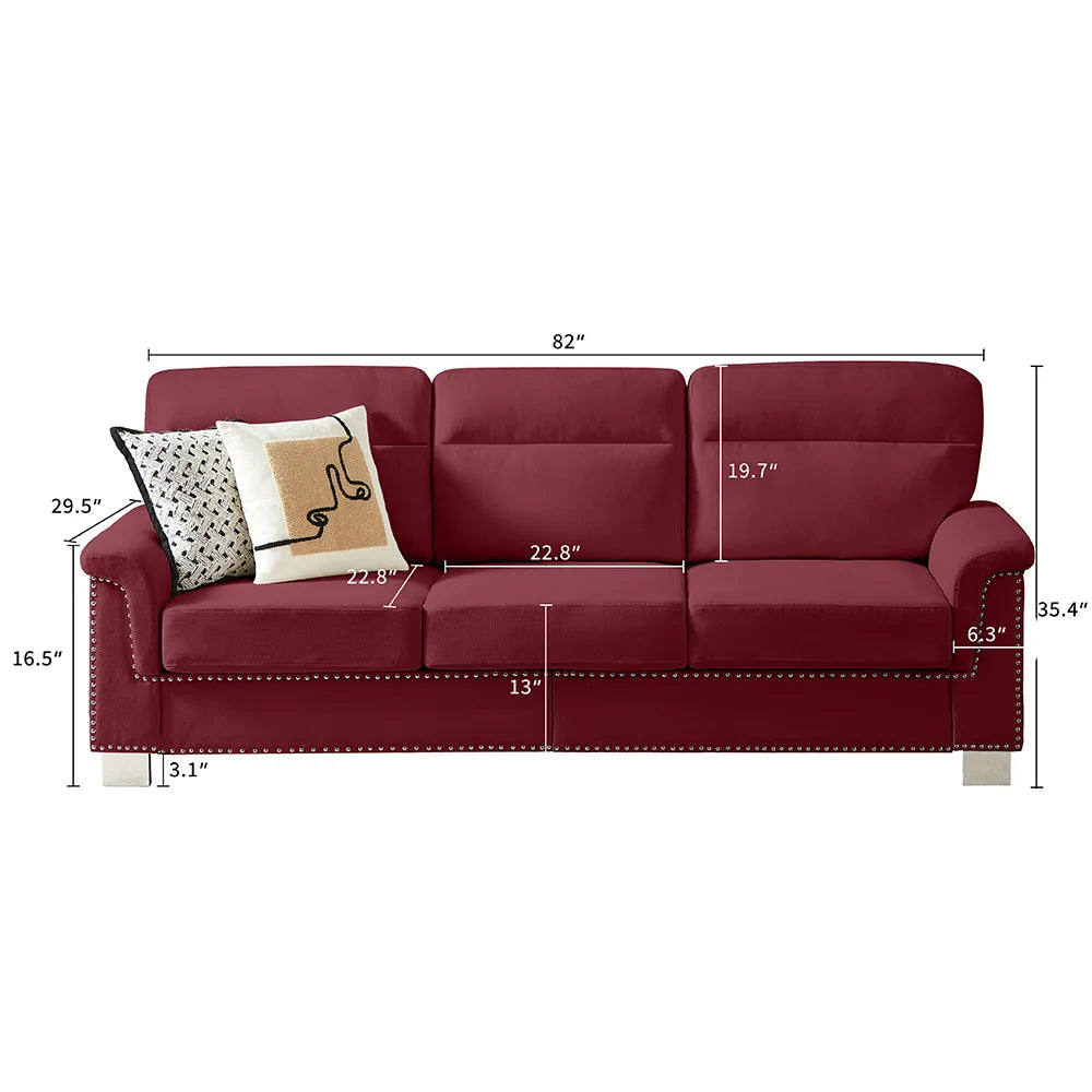 Modern Three Seater Sofa With Nailhead Trim And Metal Legs
