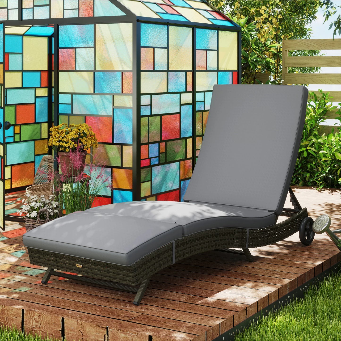 Outdoor Reclining Lounge Chair, PE Wicker, Rolling Wheels, Patio, Grey