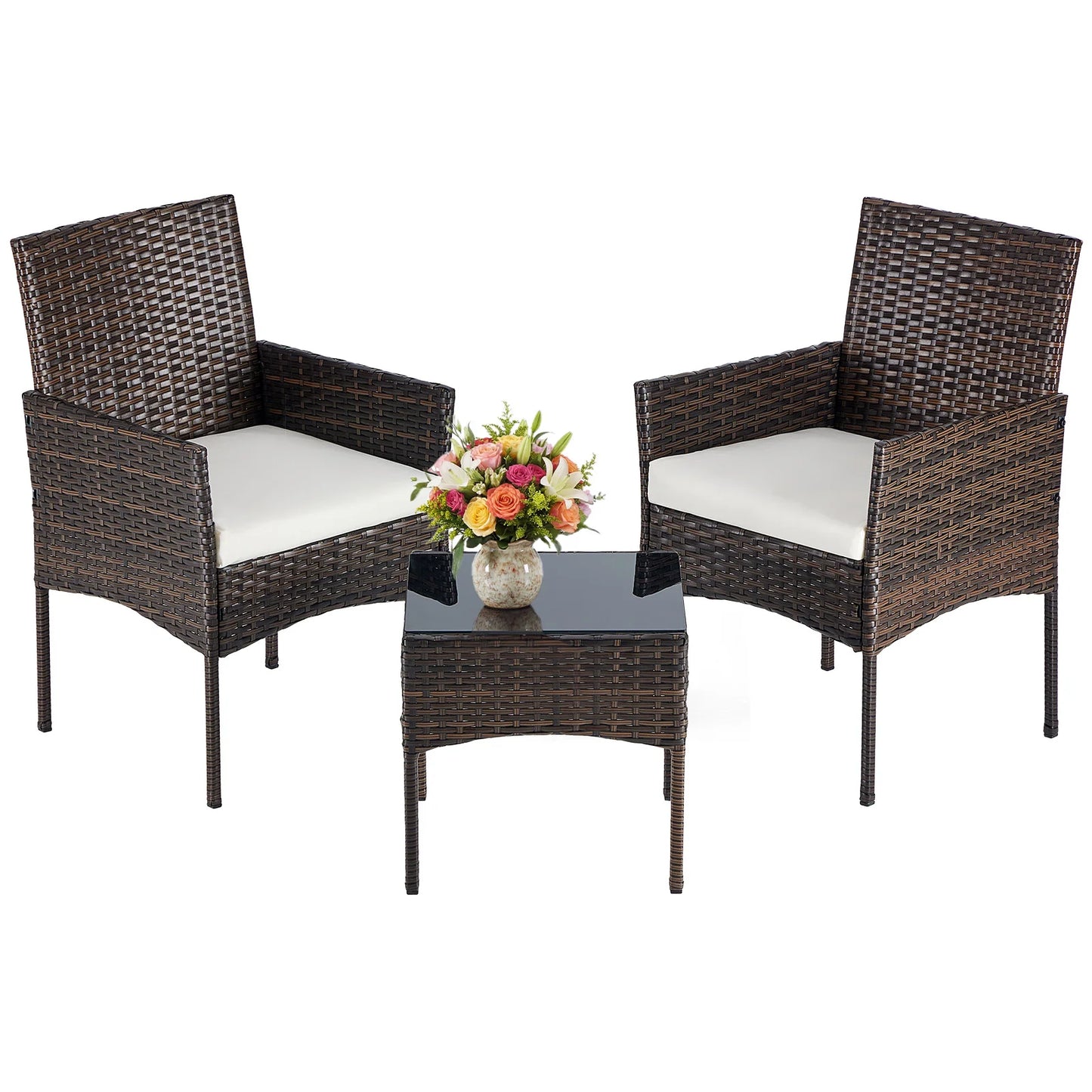 JHK Large Size 3 Pieces Outdoor Patio Furniture Set All-Weather Wicker Bistro Set with Removable Cushions and Glass Table Garden