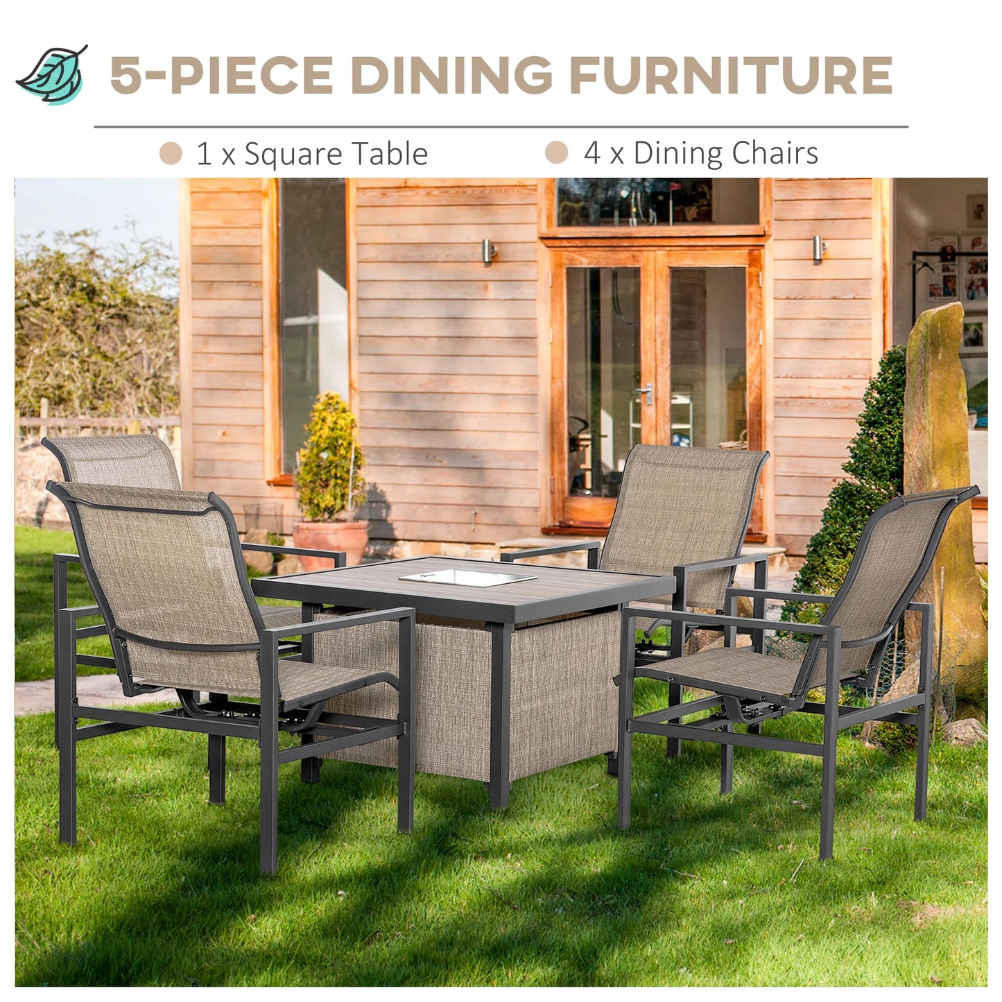 5 Piece Garden Patio Dining Set, Steel, Outdoor Conversation Set, Dinner Table with Built-In Ice Bucket Insert, 4 Rocking Chairs, Beige