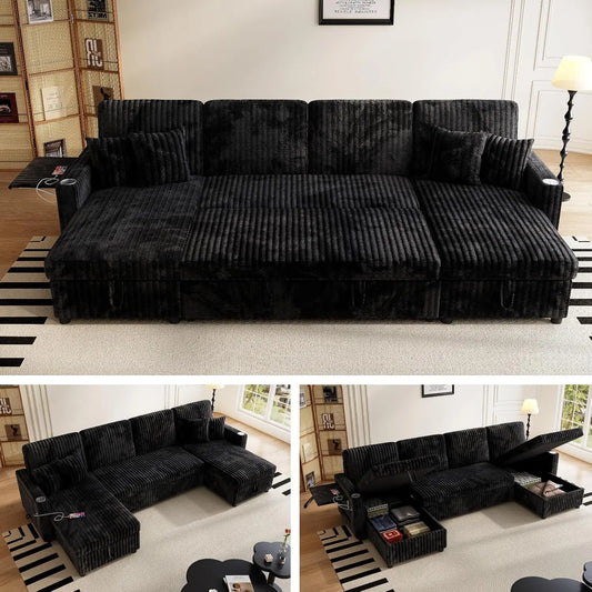 U Shaped Sleeper Sectional Sofa With USB Ports And Storage