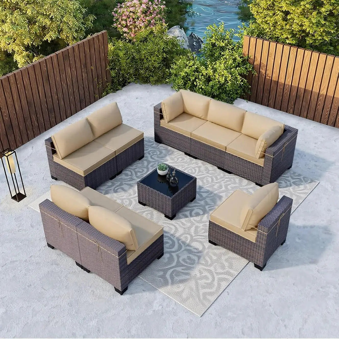 Outdoor Patio Furniture Set,12 Pieces Sectional Rattan Sofa Set Brown PE Rattan Wicker Patio Conversation Set with 10, Custom