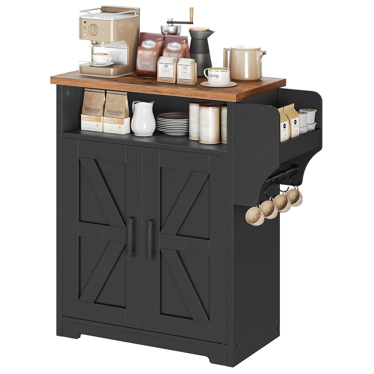HiMISS Farmhouse Coffee Bar Cabinet With Mug Shelf And Hooks