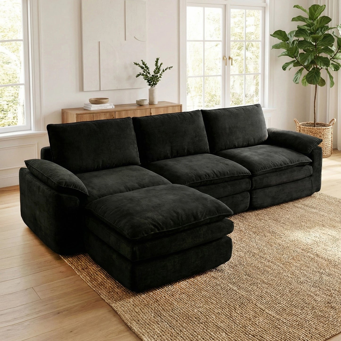118 Inches L-Shaped Chenille Cloud Lazy Sofa, Black Oversized Deep Seat Modular Sectional Couch with Chaise Lounge, Ultra Soft Cat Scratch Resistant Chenille Fabric, No Assembly Low Maintenance Extra Comfort Large Sofa, Unive