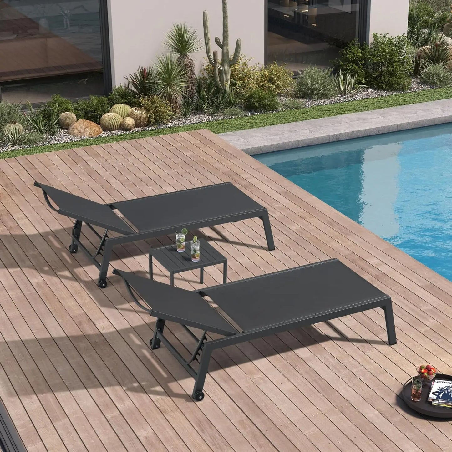 Outdoor Chaise Lounge with Wheels Aluminum Pool Lounge Chairs Set of 2 Fade-Resistant Patio Chaise Lounge with 5, Custom