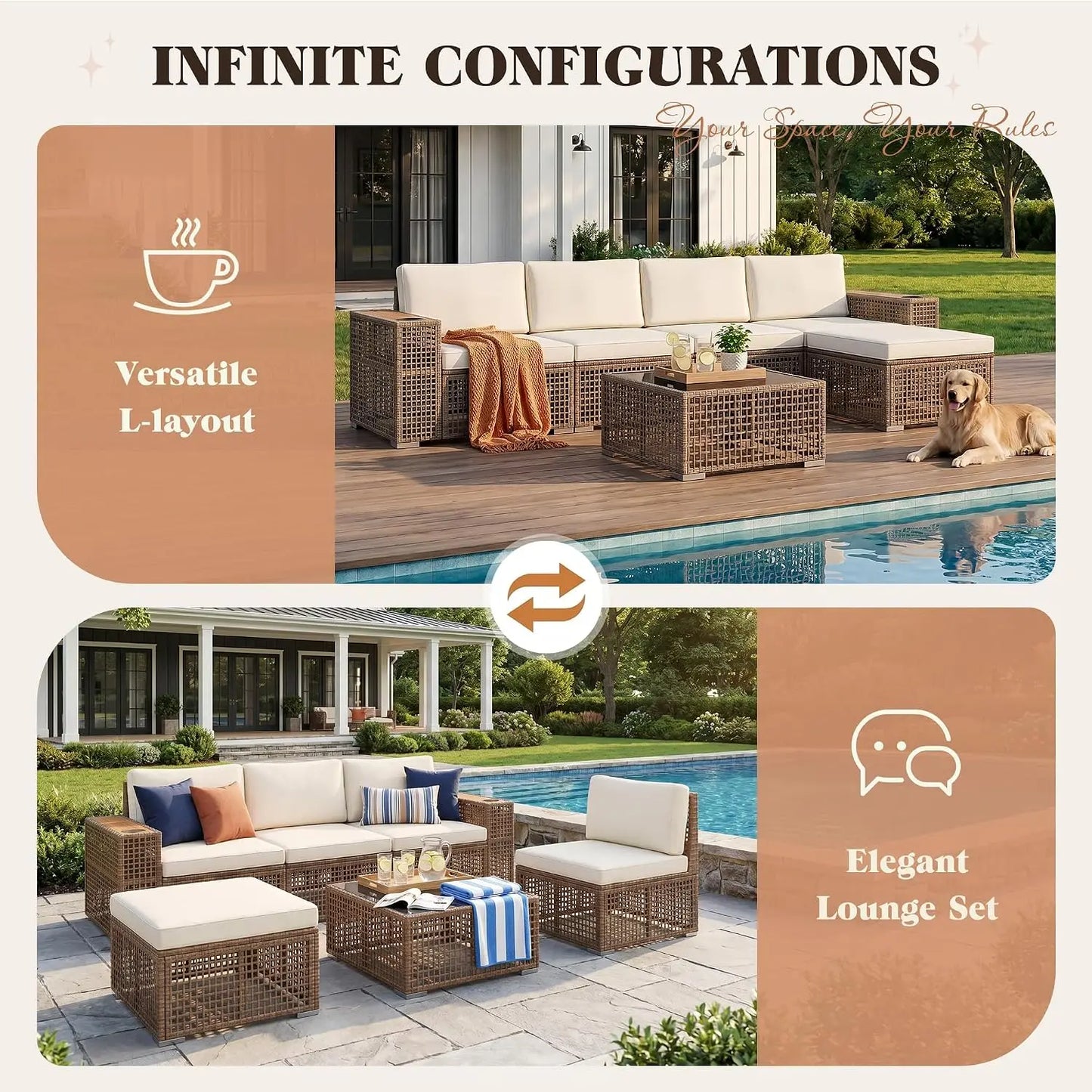Outdoor Sectional Sofa Set 6 Pieces PE Wicker Patio Furniture with Cup Holder Wider Armrest Coffee Table Glass Tabletop , Custom