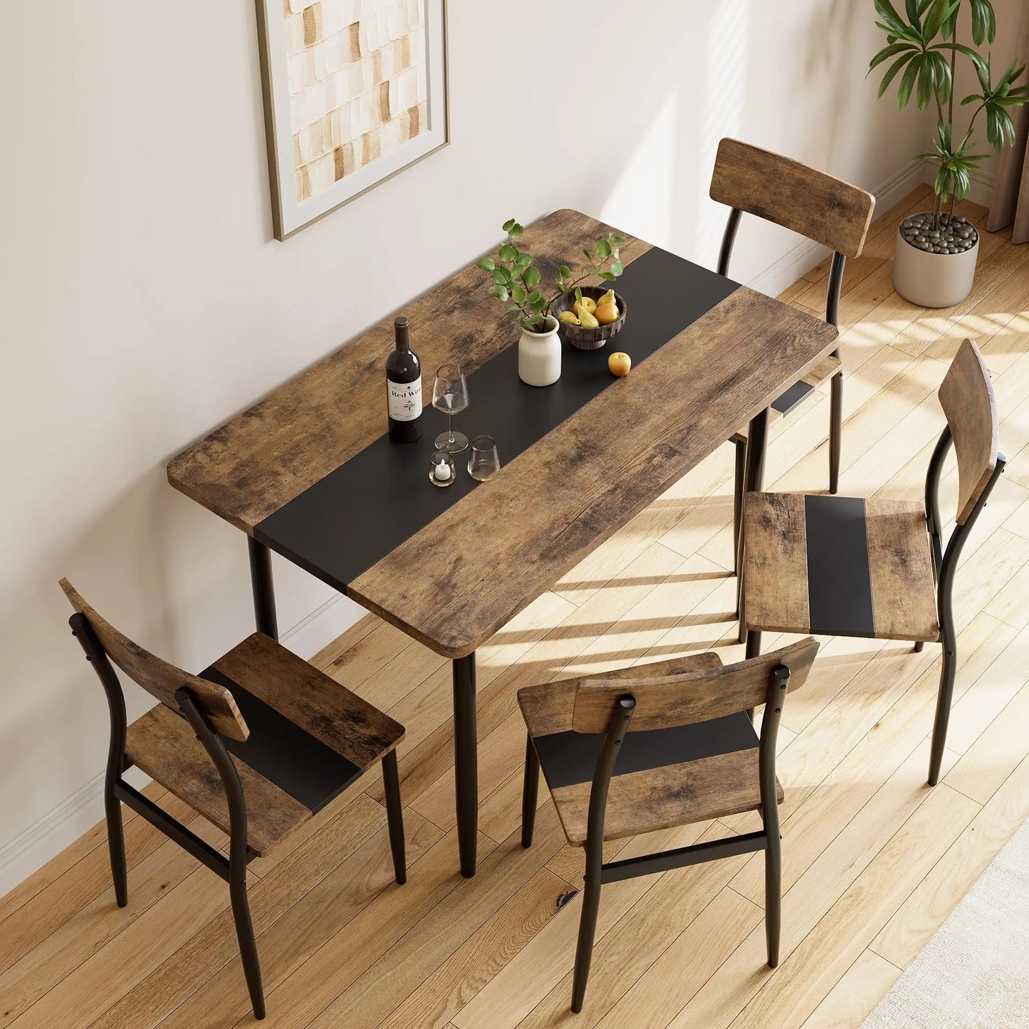 Dining Table Set For 4 With Chairs, Kitchen Table, 2 Tone MDF Top Metal Frame, Space Saving Set For Apartment Home