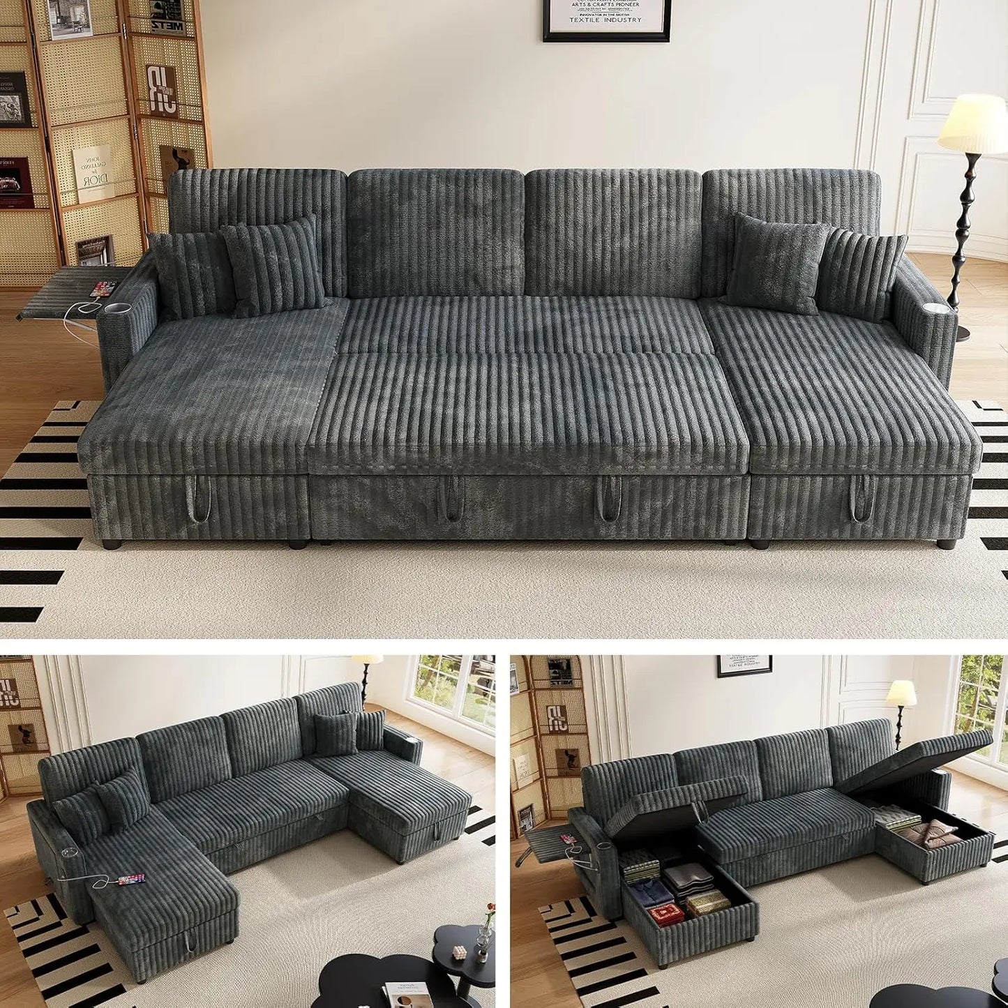 U Shaped Sleeper Sectional Sofa With Storage PullOut Bed