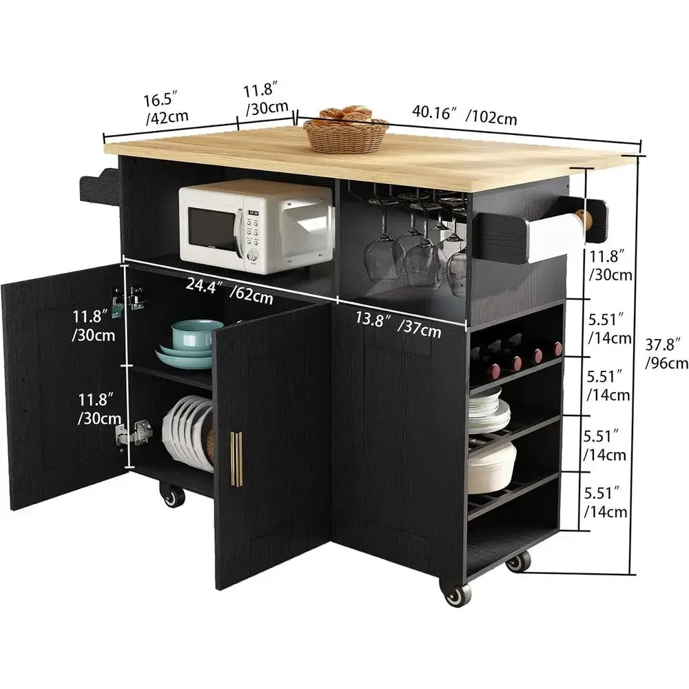 Rolling Mobile Kitchen Island with Storage and Drop Lea, Island Table with Countertop Power Socket and Wheel (Black, el 1.2)