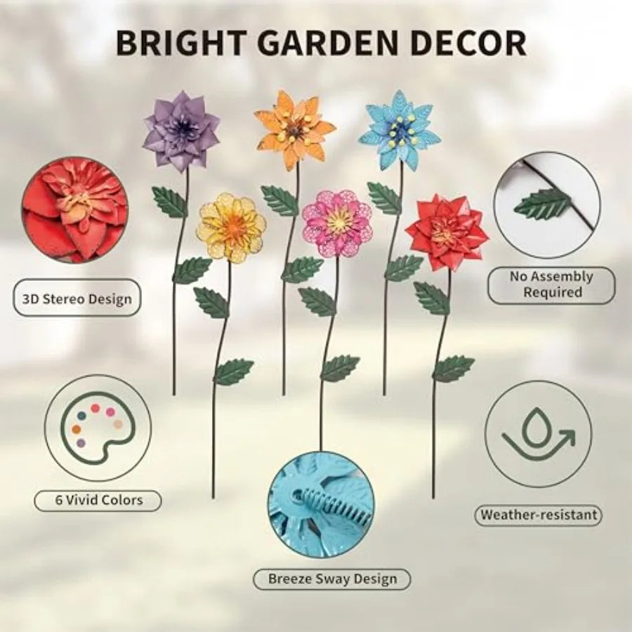Outdoor Flower Garden Stakes 6 Pack Weatherproof Metal Yard Art