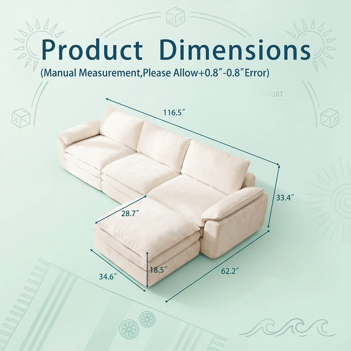 Summer Fresh Cream Style Modular Block Sofa, No Assembly Required, Deep Seat Cloud Sofa for Family Theater Room, Breathable Skin-friendly Fabric Chaise Lounge, Detachable Washable Lazy Cloud Couch for Large Living Room, Multi