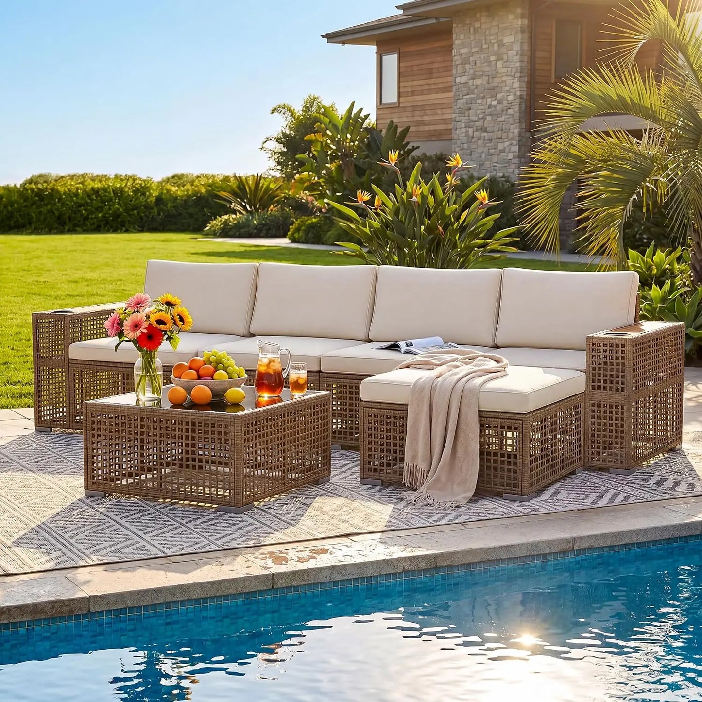 Outdoor Sectional Sofa Set 6 Pieces PE Wicker Patio Furniture with Cup Holder Wider Armrest Coffee Table Glass Tabletop , Custom