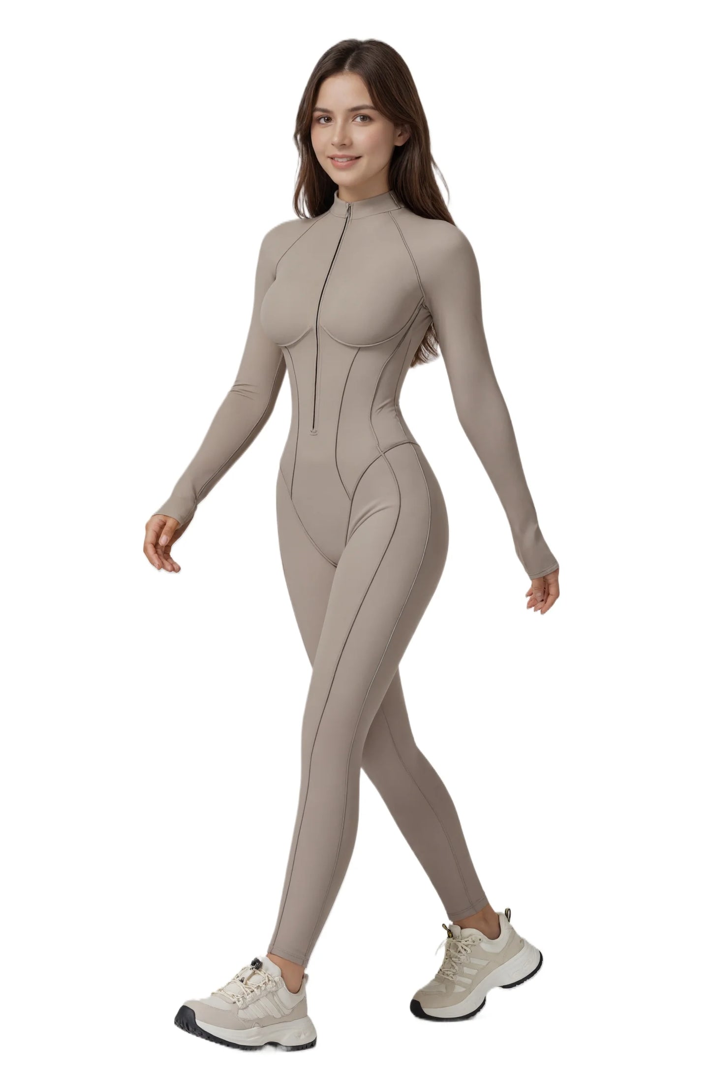 Women Zip Front Long Sleeve Yoga Jumpsuit Tummy Control