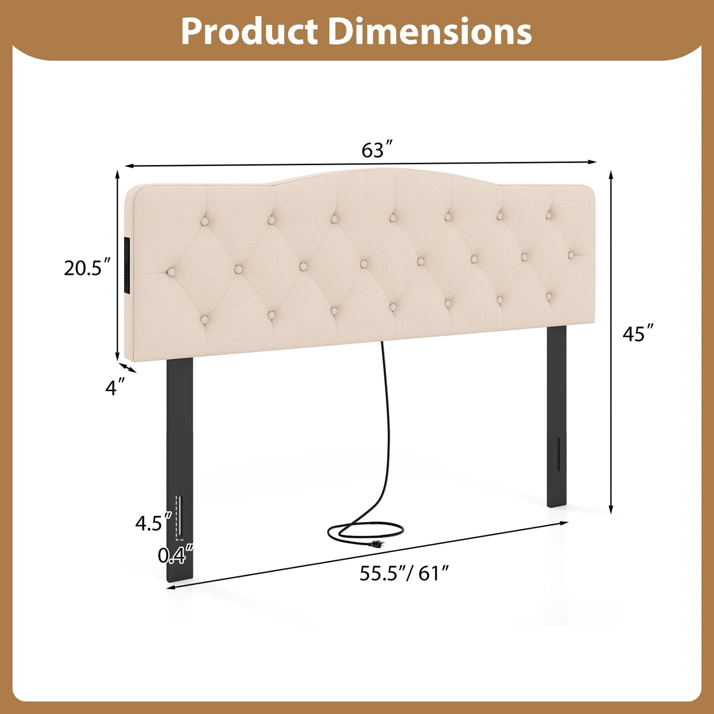 Homasis Tufted Upholstered Headboard With Dual Ac Outlets