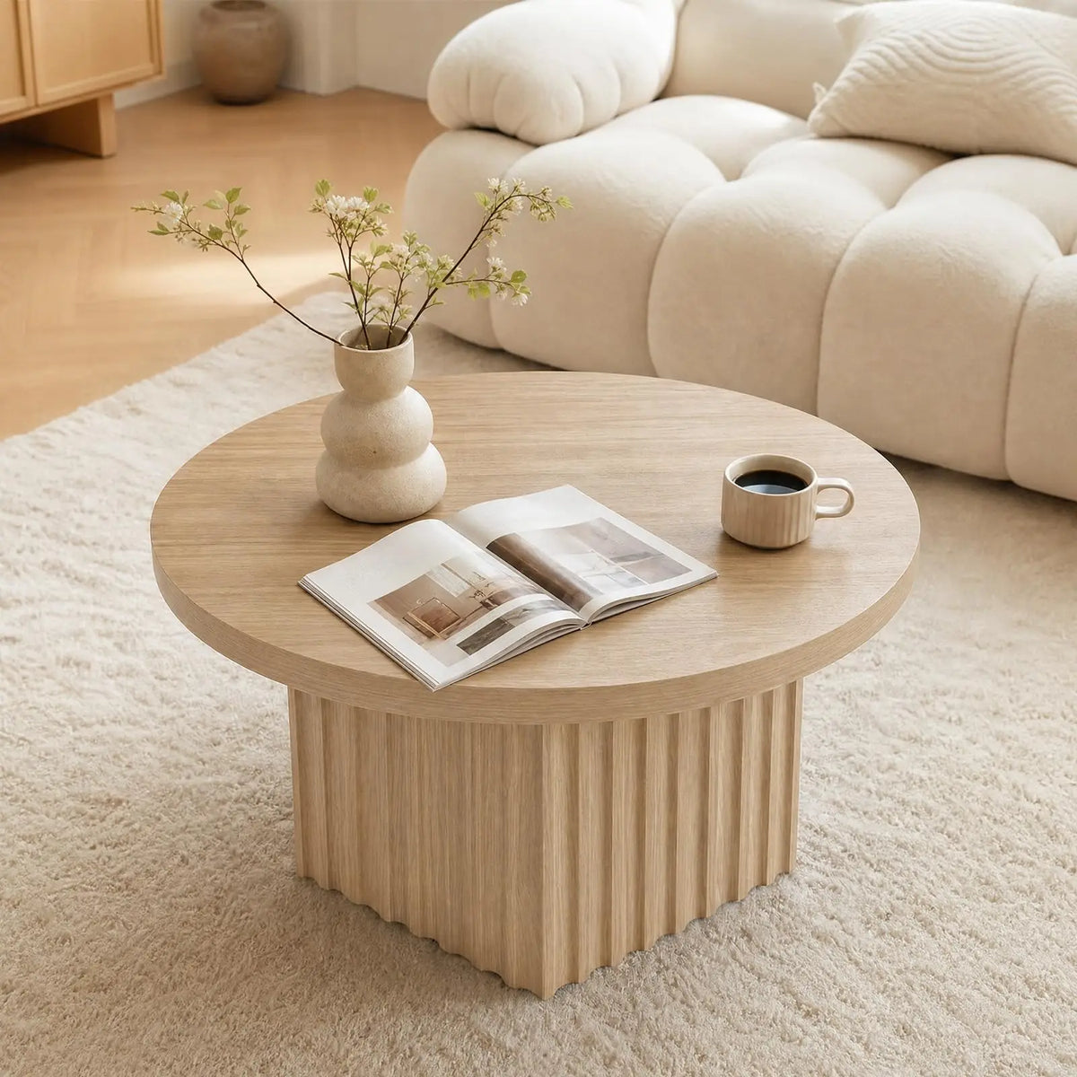 HiMISS Modern Fluted Drum Pedestal Coffee Table for Living Room