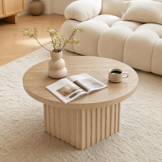 HiMISS Modern Fluted Drum Pedestal Coffee Table for Living Room