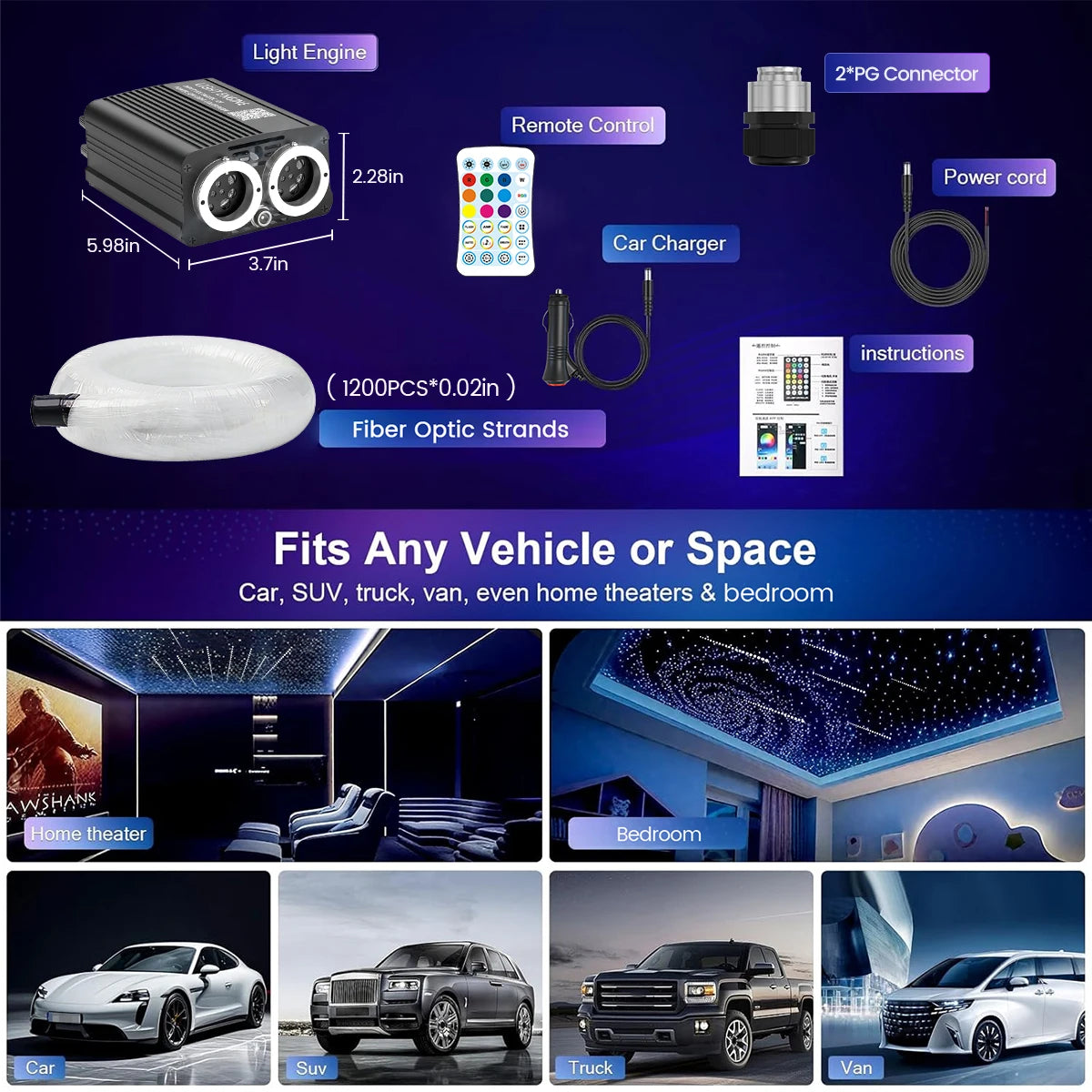 32W Twinkle Meteor 2 in 1 Starlight Headliner Light Kit, Fiber Optical Cable RGBW Light for Car/Home, APP/Remote Control ﻿