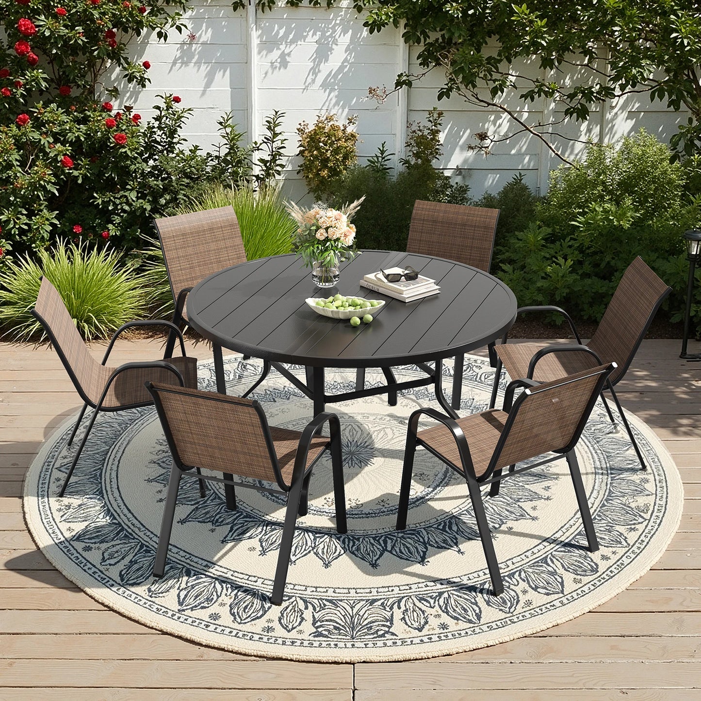 Farini 7-Piece Outdoor Dining Set for 6, Round Patio Table with 6 Chairs, Garden Furniture for Backyard, Deck
