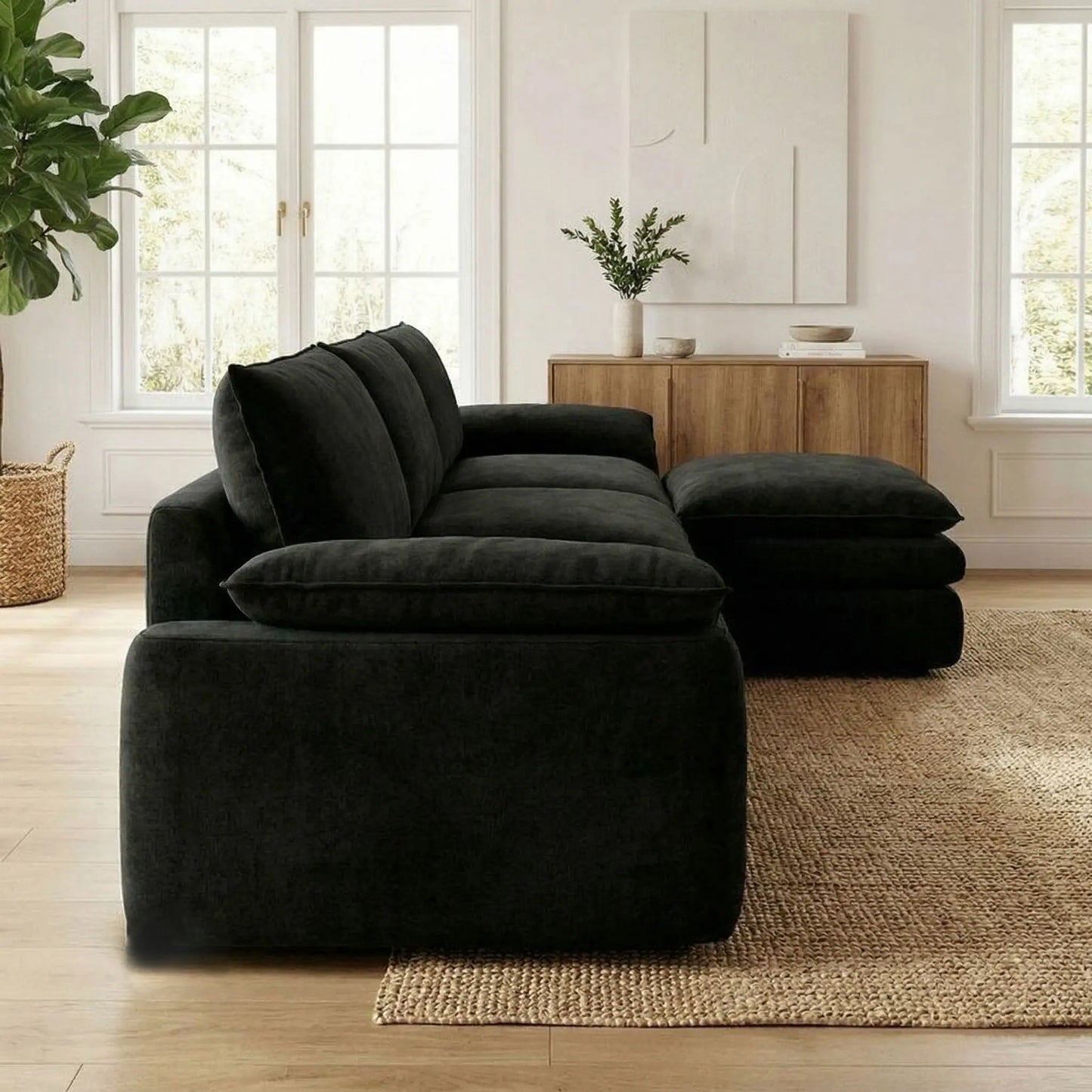 118 Inches L-Shaped Chenille Cloud Lazy Sofa, Black Oversized Deep Seat Modular Sectional Couch with Chaise Lounge, Ultra Soft Cat Scratch Resistant Chenille Fabric, No Assembly Low Maintenance Extra Comfort Large Sofa, Unive
