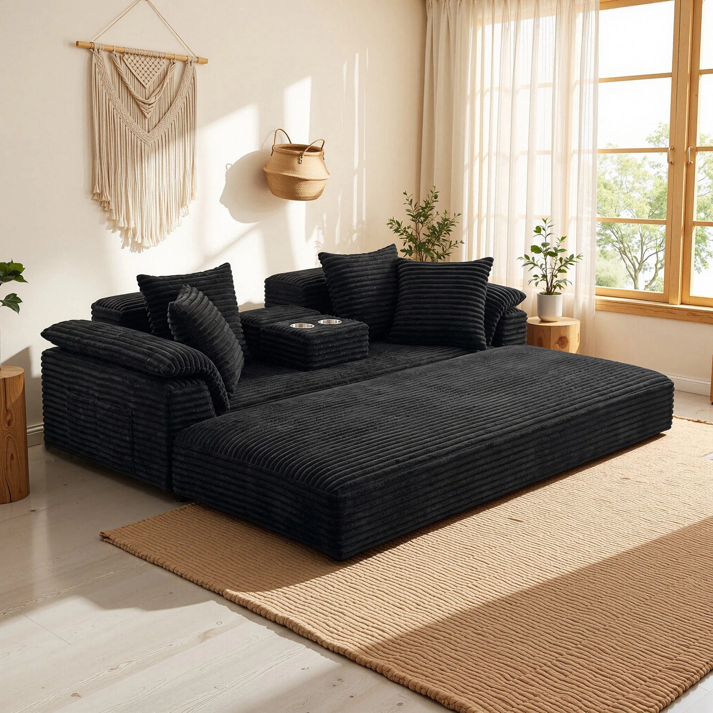 Oversized Black Striped Corduroy 3-Seater Sofa with Middle Cup Holder, Flipable Design, Customizable DIY Modular Couch, Soft Fluffy Plush Fabric Sofa, Wide Armrest Minimalist Leisure Furniture for Apartment, Bedroom & Living