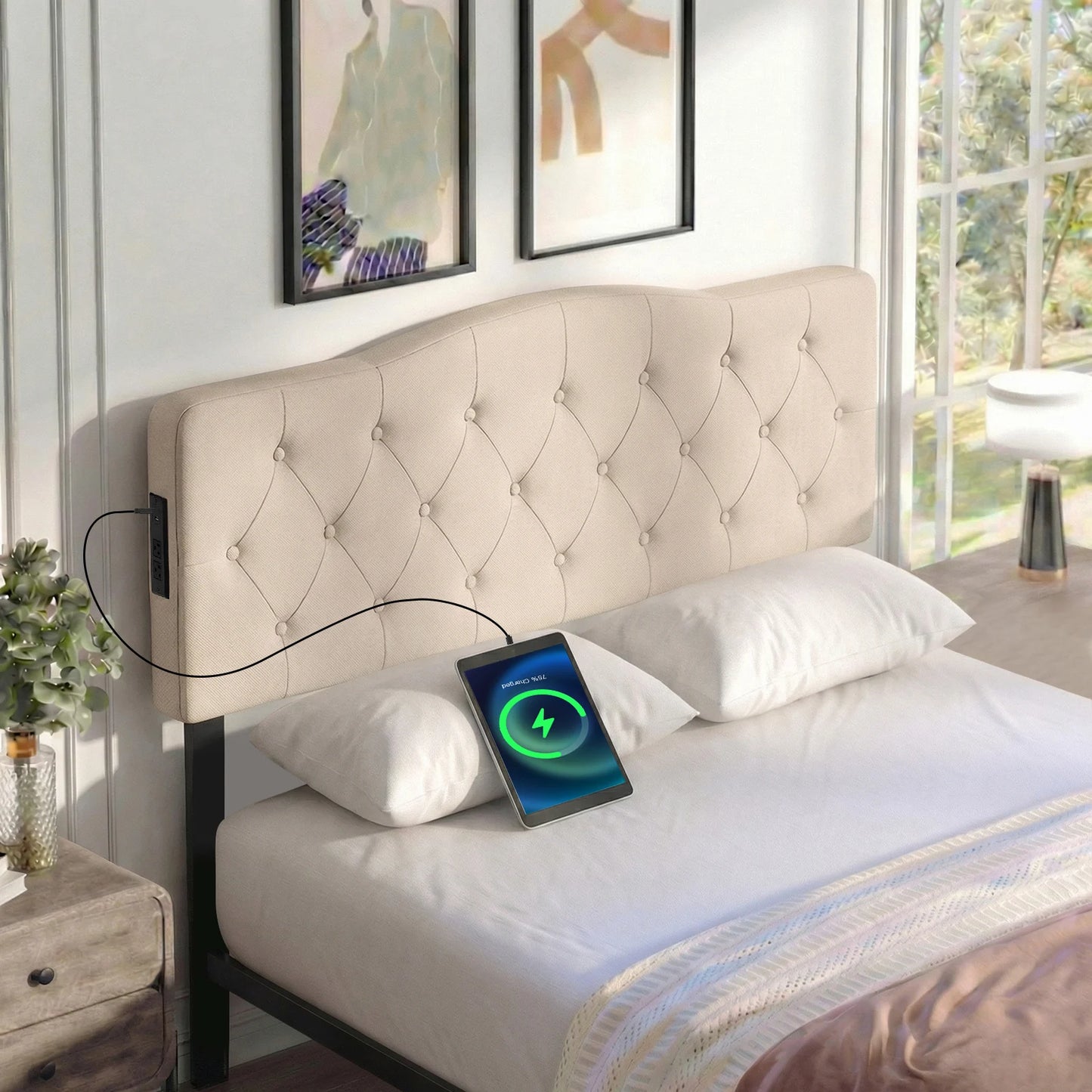 Homasis Tufted Upholstered Headboard With Dual Ac Outlets
