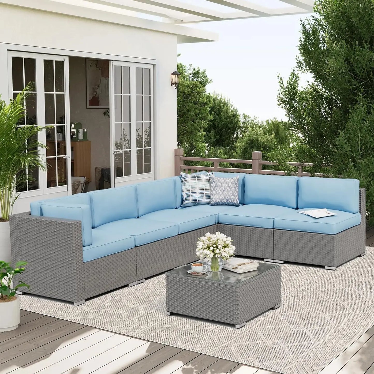 7-Piece Outdoor Patio Furniture Set Grey Rattan Wicker Sectional Sofa Conversation Sets with Cushions and Glass Top, Custom