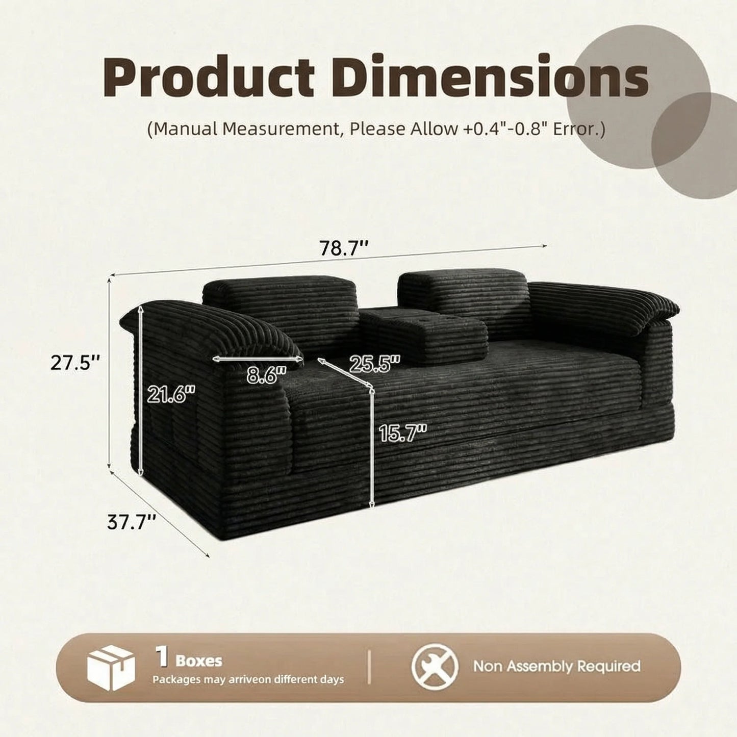 Oversized Black Striped Corduroy 3-Seater Sofa with Middle Cup Holder, Flipable Design, Customizable DIY Modular Couch, Soft Fluffy Plush Fabric Sofa, Wide Armrest Minimalist Leisure Furniture for Apartment, Bedroom & Living