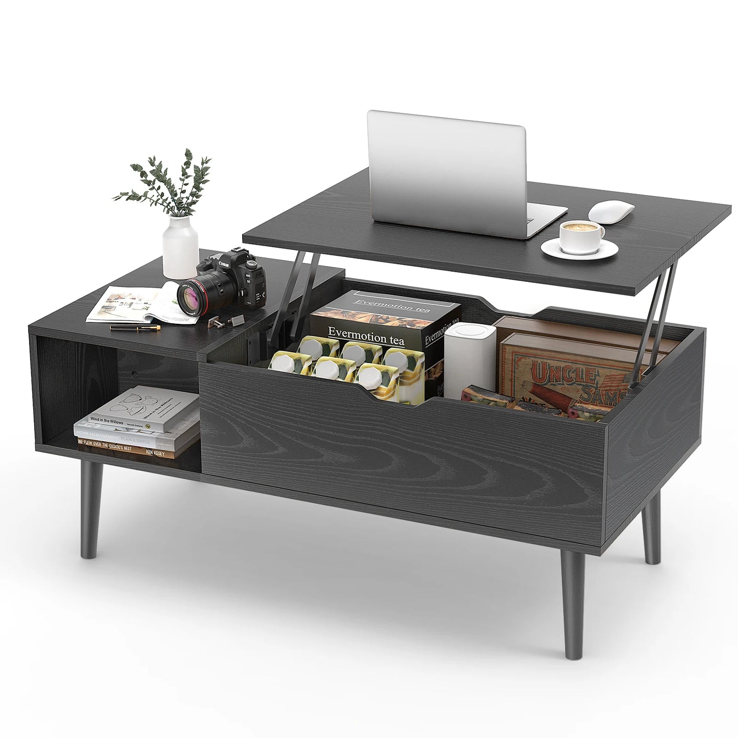 JHK Wooden Lift Top Coffee Table With Adjustable Storage Shelf