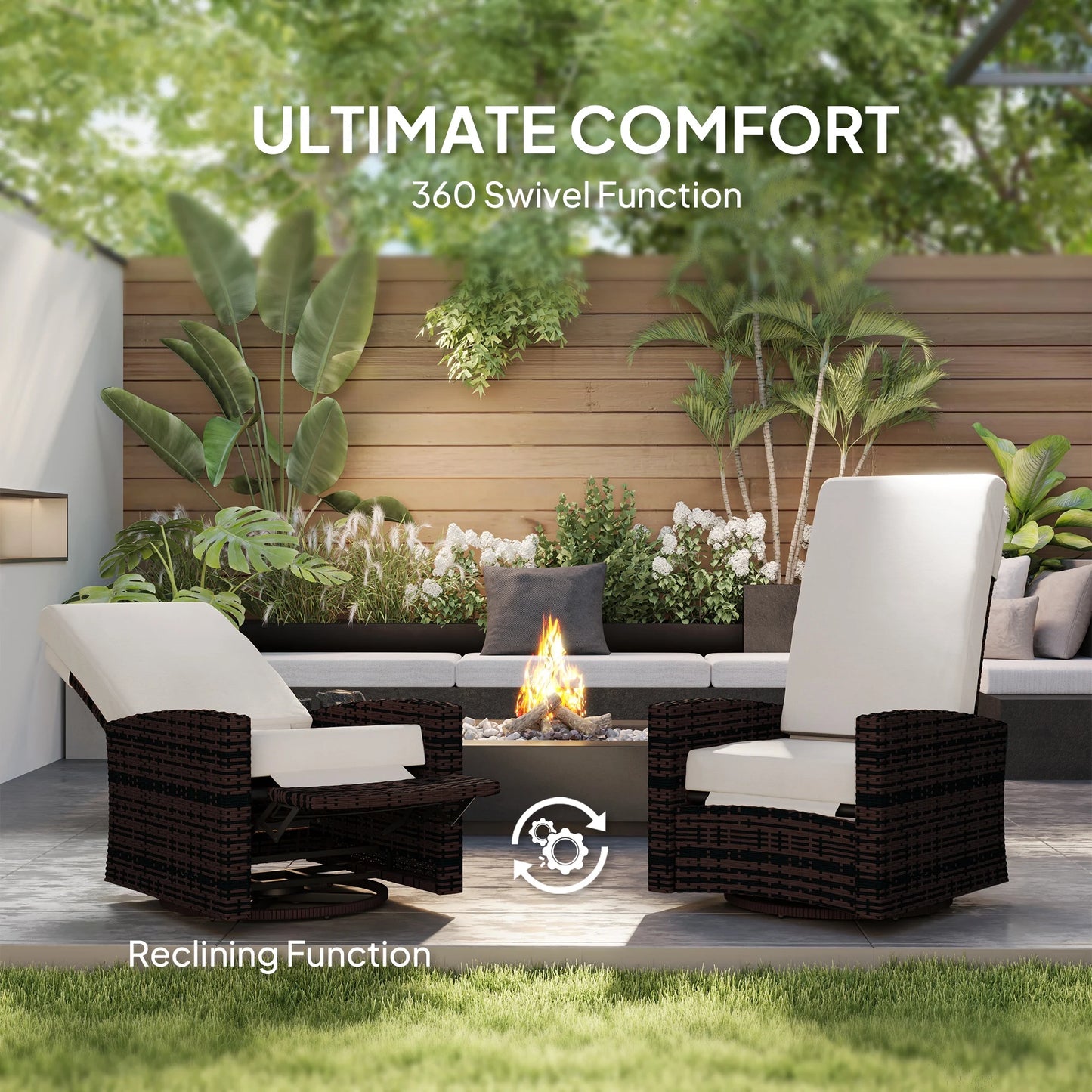 Reclining Rattan 360° Swivel Chair, Outdoor Patio Cushioned Recliner Khaki