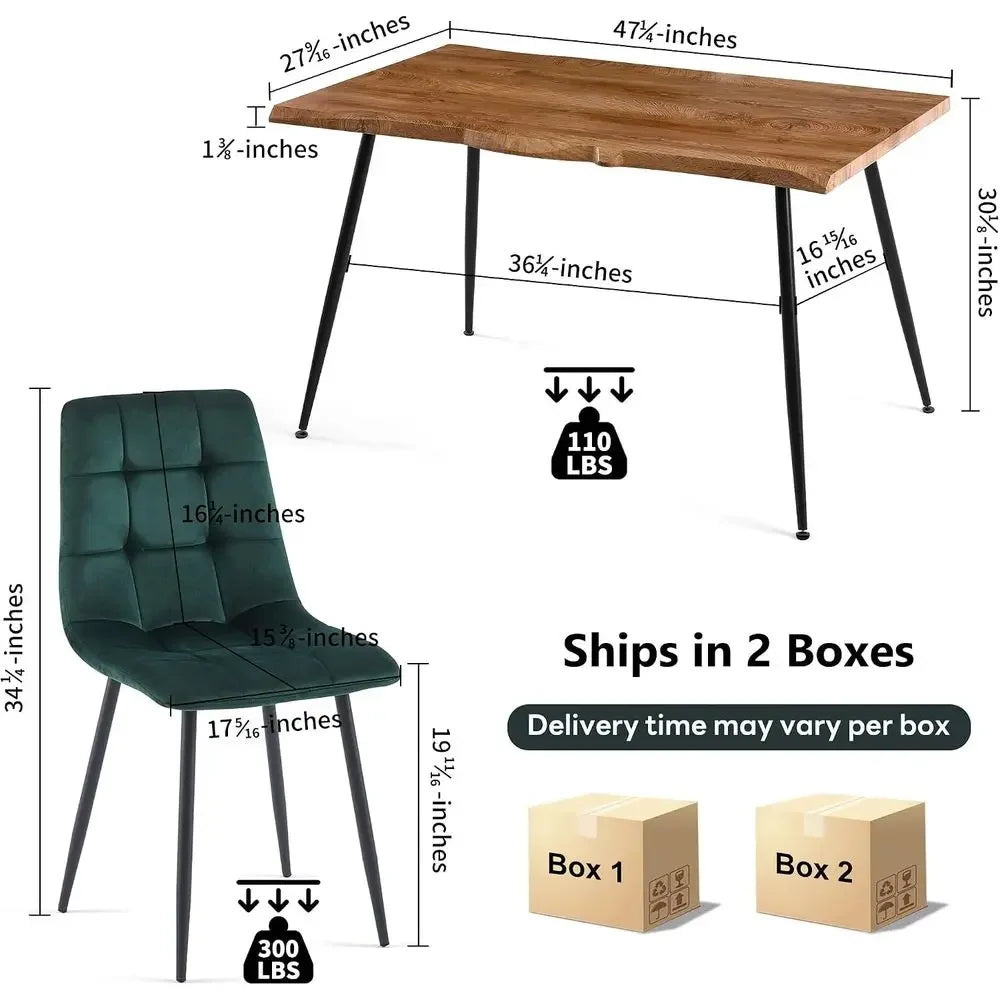5-Piece Dining Table Set, 47 in ern Irregular RecKitchen Table & 4 orest Green Velvet Upholstery Side Chairs, Metal Legs, Dining