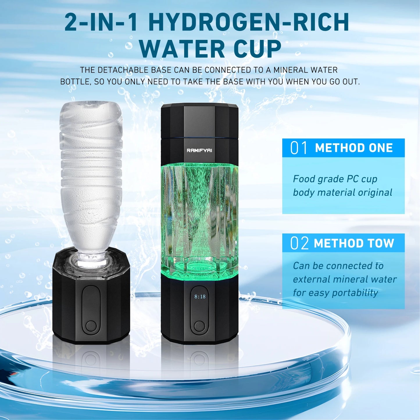 Hydrogen Water Bottle With SPE PEM Tech Leakproof Seven LEDs