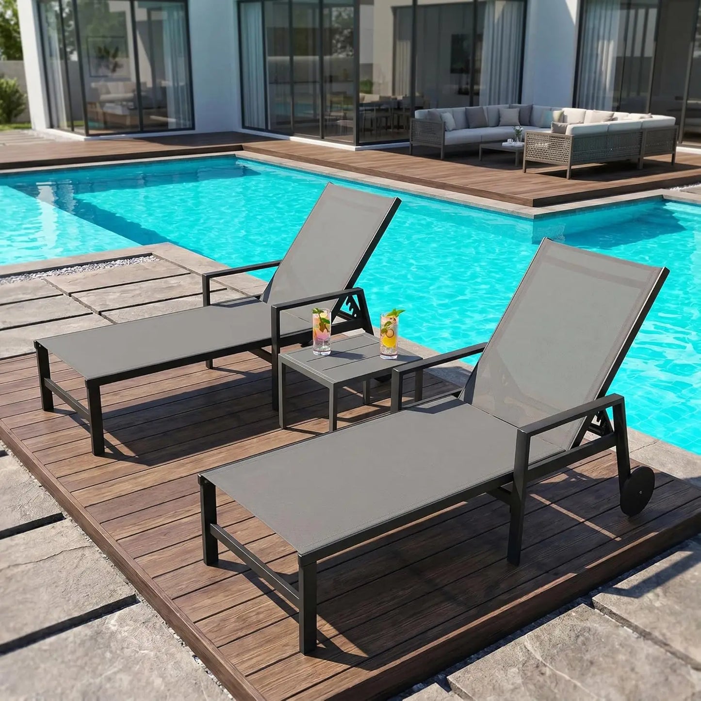 Outdoor Chaise Lounge with Wheels Aluminum Pool Lounge Chairs Set of 2 Fade-Resistant Patio Chaise Lounge with 5, Custom