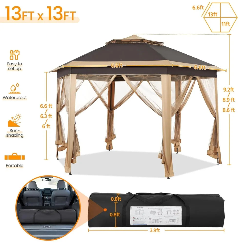 13x13 Hexagonal Pop Up Gazebo Double Tier Canopy Shelter with Mesh Netting for Outdoor Patio Garden Lawn, Customized