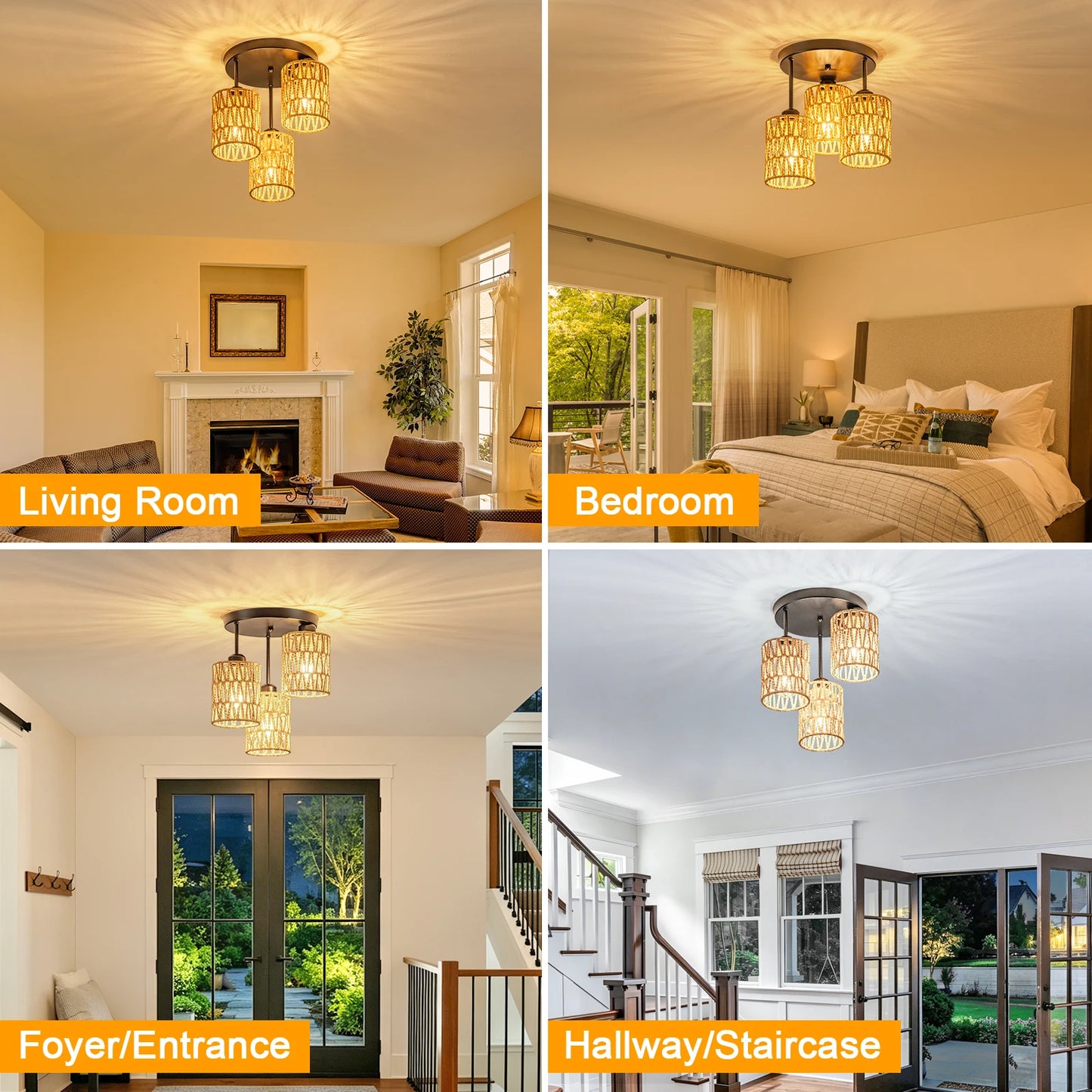 3-Lights Boho Light Fixtures Ceiling Mount, Farmhouse Rattan Chandelier, Hand Woven Cage Shade Semi Flush Mount Ceiling Lights for Bedroom Foyer Entryway Kitchen, Hallway Rattan Light Fixtures Ceiling bulb not included