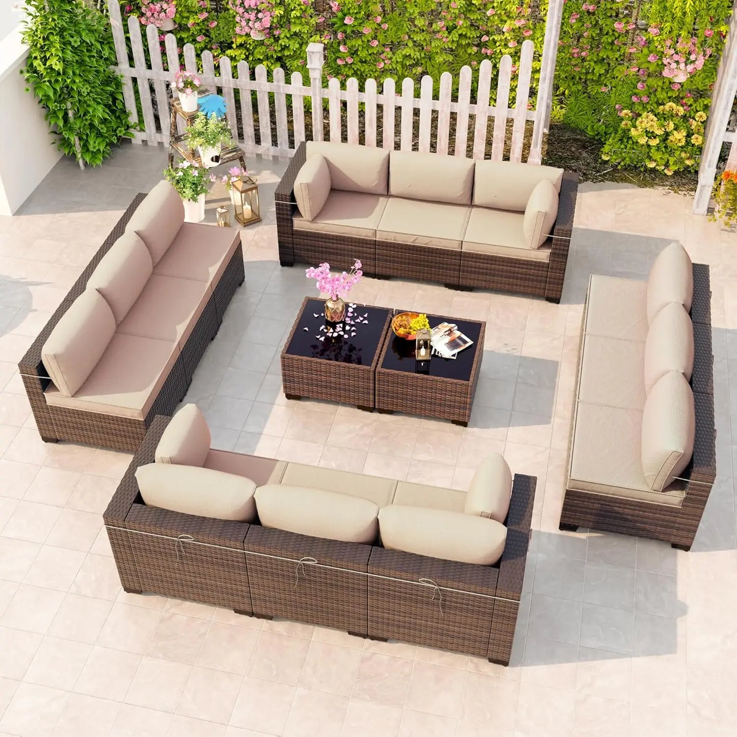 Outdoor Patio Furniture Set,12 Pieces Sectional Rattan Sofa Set Brown PE Rattan Wicker Patio Conversation Set with 10, Custom