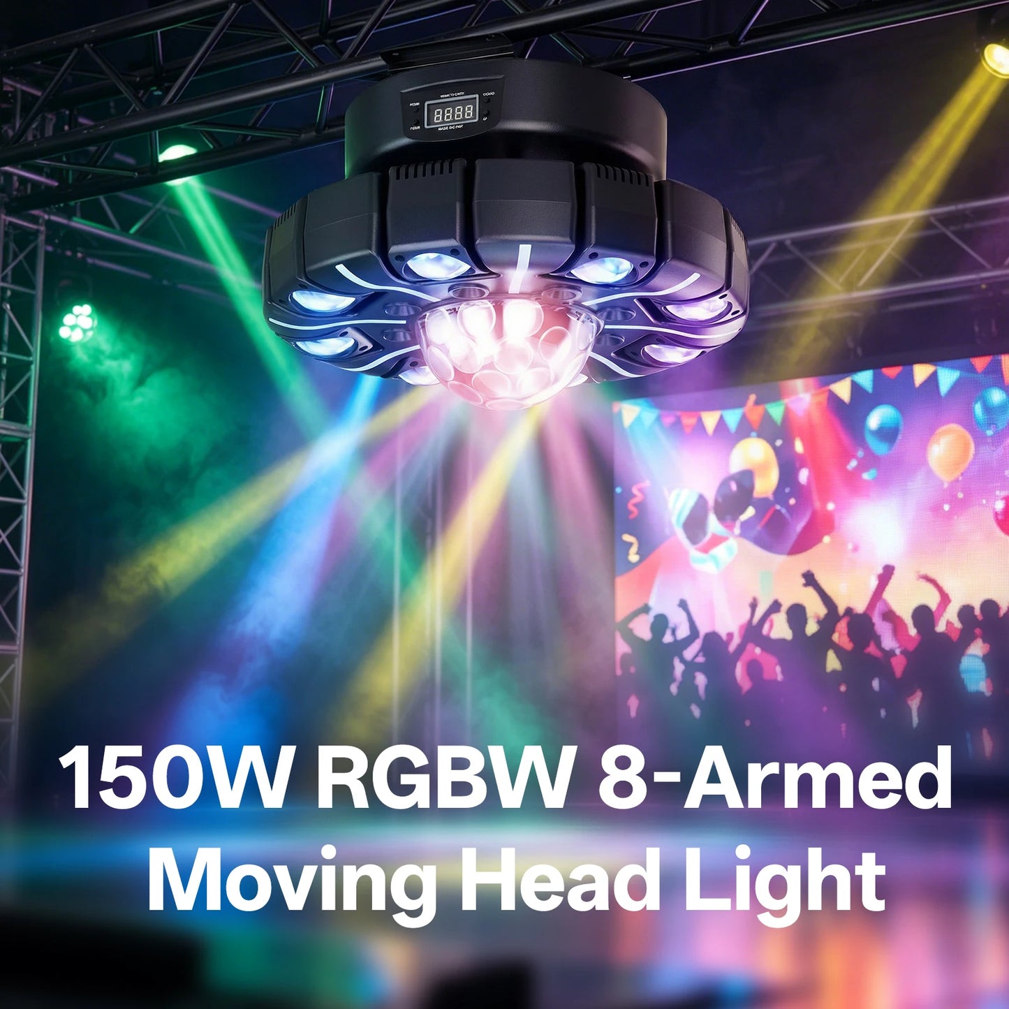 Fieryzeal 150W RGBW 8-Armed Moving Head Light DMX512 Remote Control Magic Ball Stage Light DJ Lighting Strobe Effect for DJ Show