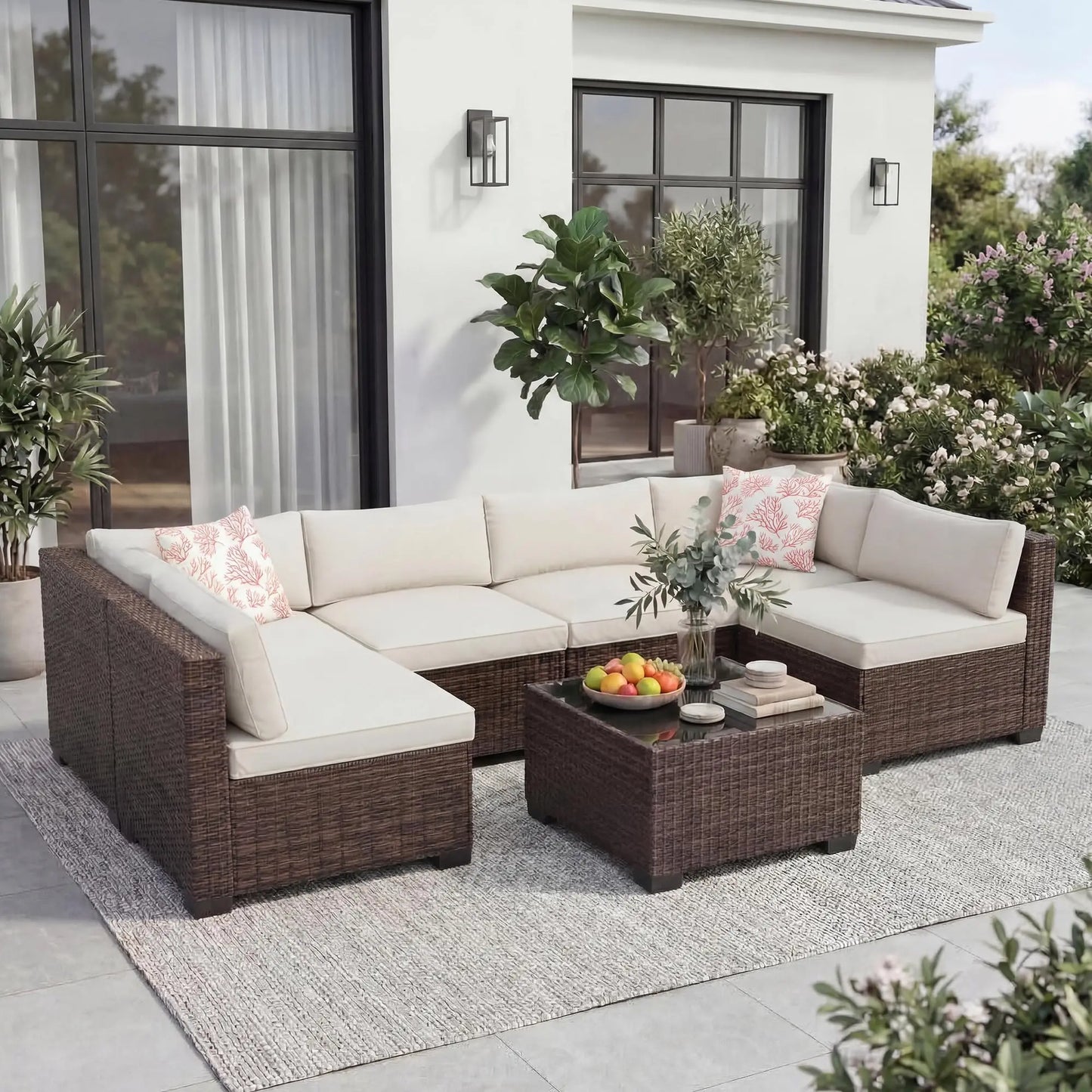 HobbyLane 7 Piece Outdoor PE Wicker Patio Sectional Sofa Set With Storage Table