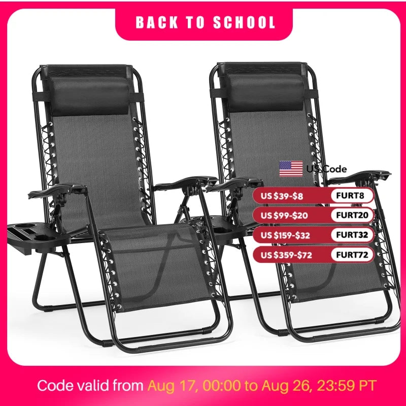 JHK Zero Gravity Portable Recliner Camping Patio Outdoor Garden Lounge Chair with Cup Holder Trays Adjustable Pillow for Backyard