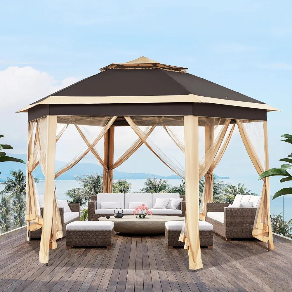 13x13 Hexagonal Pop Up Gazebo Double Tier Canopy Shelter with Mesh Netting for Outdoor Patio Garden Lawn, Customized