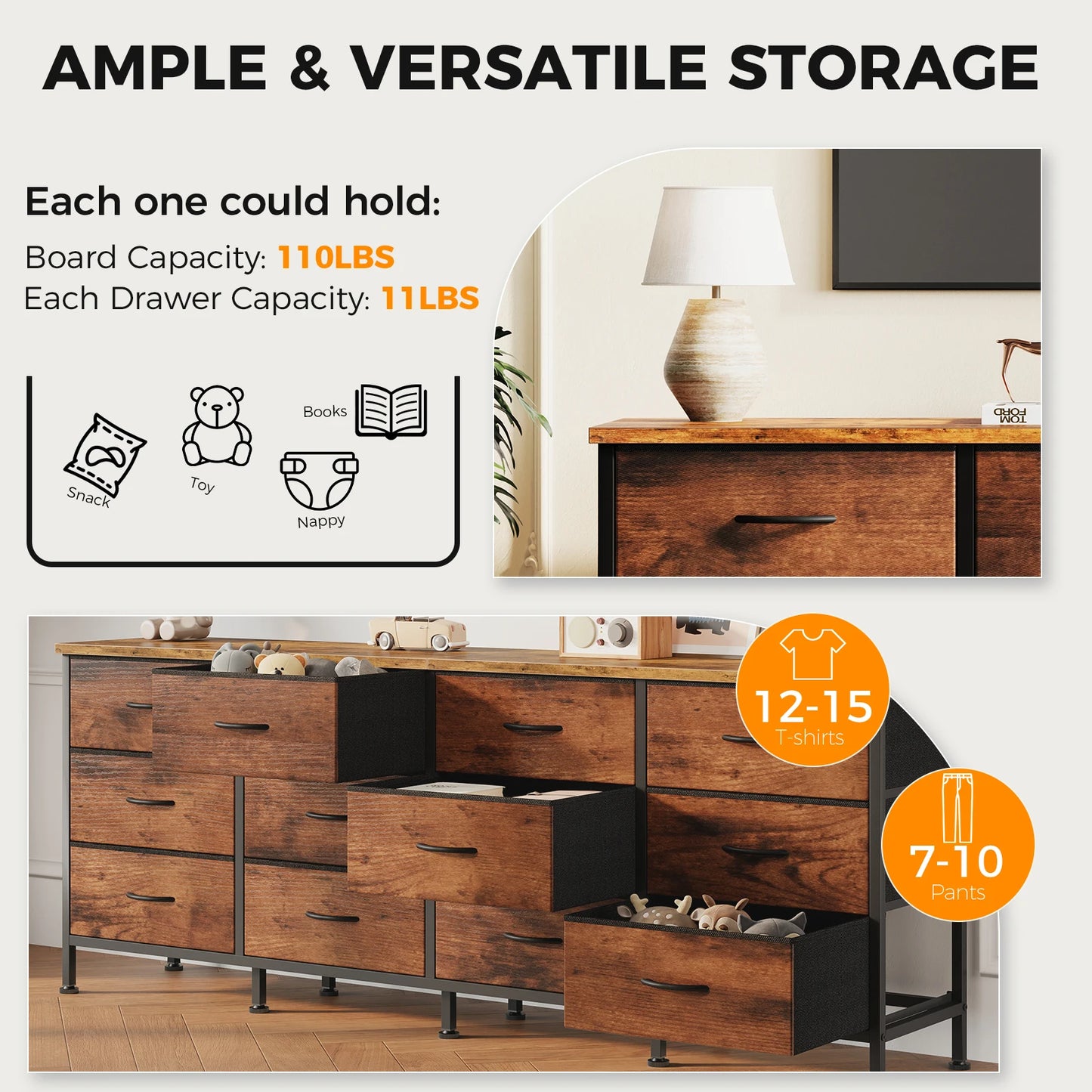 JHK 12 Fabric Cabinet For Living Room Drawers Beside Nightstand Tables Wood Top Entertainment Center Large Fabric TV Consoles for Bedroom Up to 80'' TVs Storage Closet Chest Clothes Display Of Furniture