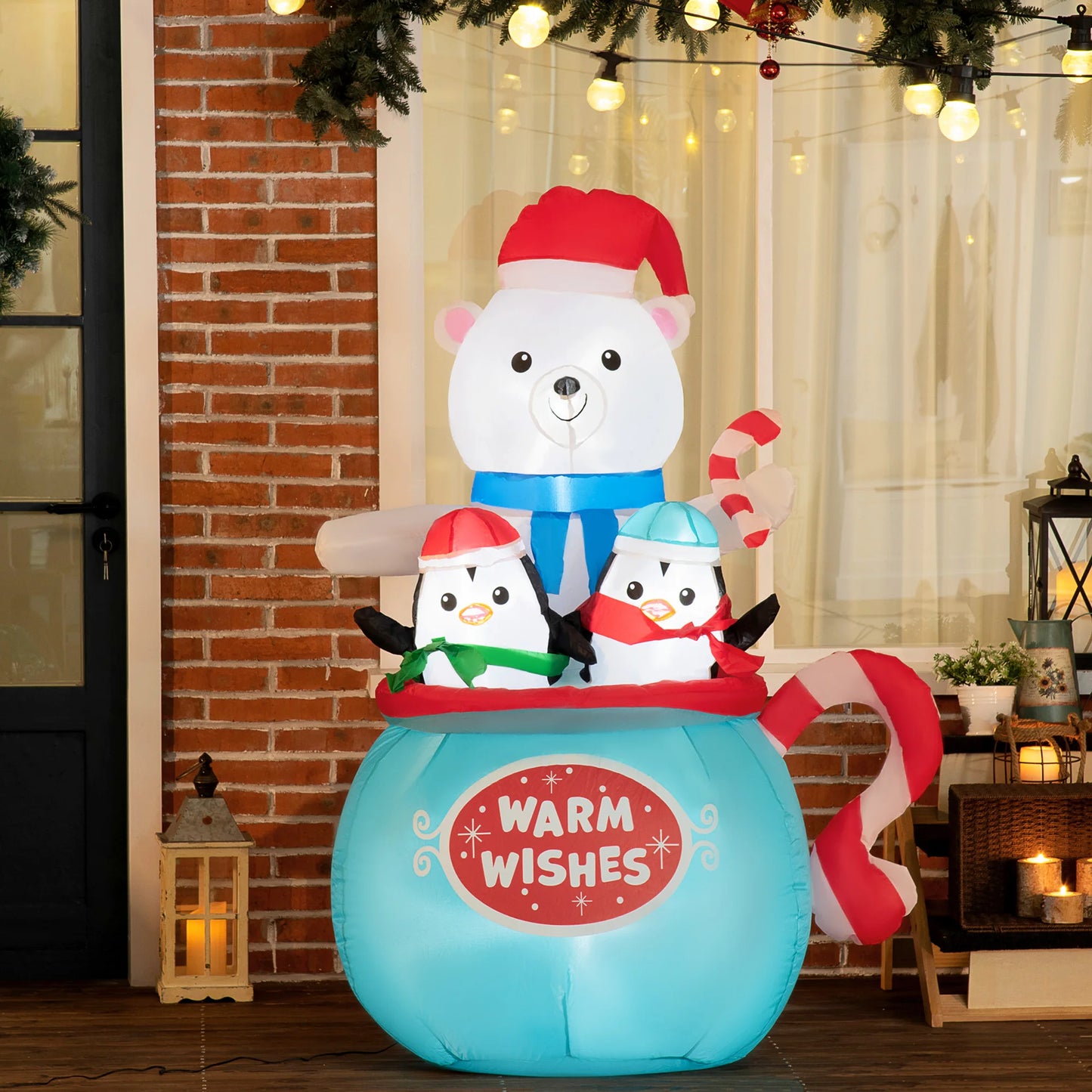 5ft Christmas Inflatables Outdoor Decorations Blessed Polar Bear and Penguins in the Cup, Blow-Up LED Yard Christmas Decor for Garden, Lawn, Party, Holiday