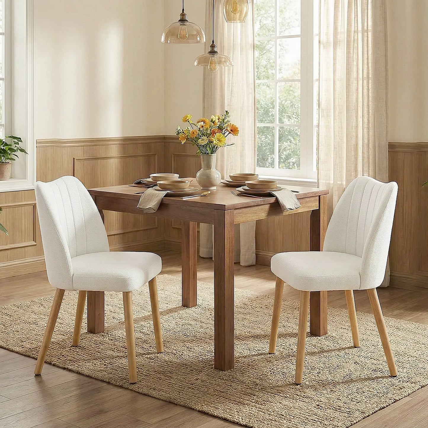 Set Of 2 Mid Century Modern Upholstered Dining Chairs, Fabric Kitchen Chairs With Curved Back And Wood Legs For Dining Room Living Room