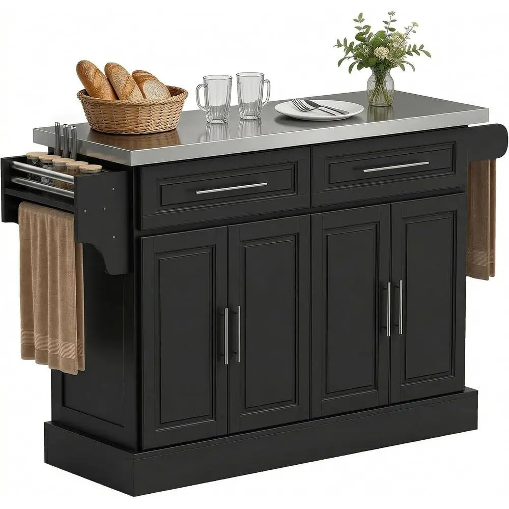 Rolling Kitchen Island Cart with 47" StainlSteel Top, Portable Island Table or Kitchen with Wheels, Adjustable Shelves, 2 Ders,