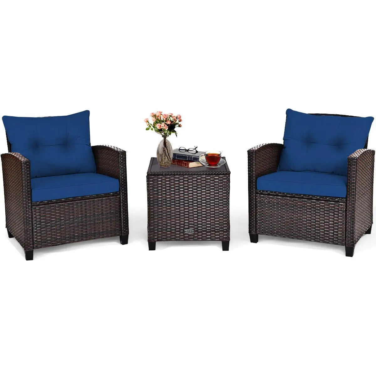 3 Pieces Patio Furniture Set, PE Rattan Wicker 3 Pcs Outdoor Sofa Set w/Washable Cushion and Tempered Glass, Customized